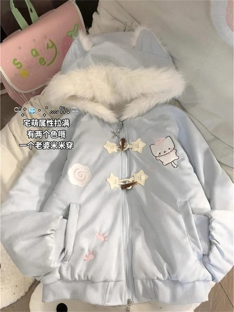 

Милая женская куртка с капюшоном и ушками, маленький размер, осенне-зимняя, теплая, хлопковая, для девушек, верхняя одежда, приталенный крой