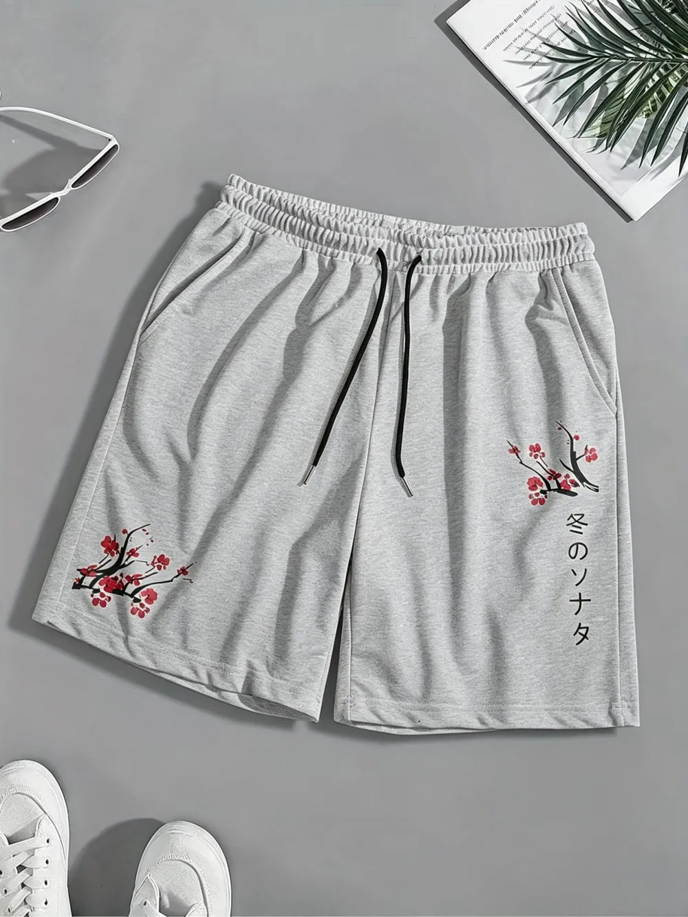 European and American Men's Summer Cherry Blossom Letter Printed Micro Elastic Breathable Drawstring Shorts Outdoor Casual Pants