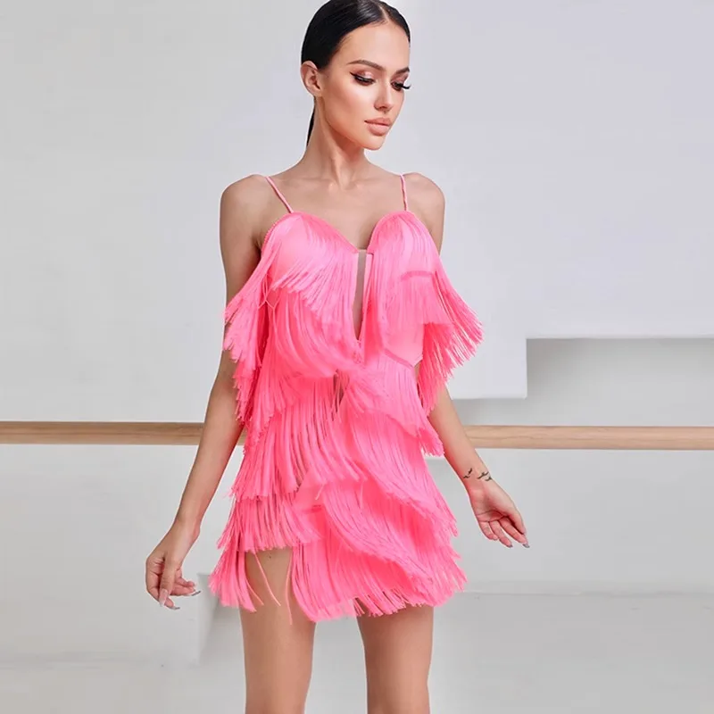 

customized ZYM Latin dance dress women practice fringe dress competition outfit with chest cushion underwear baile latino mujer