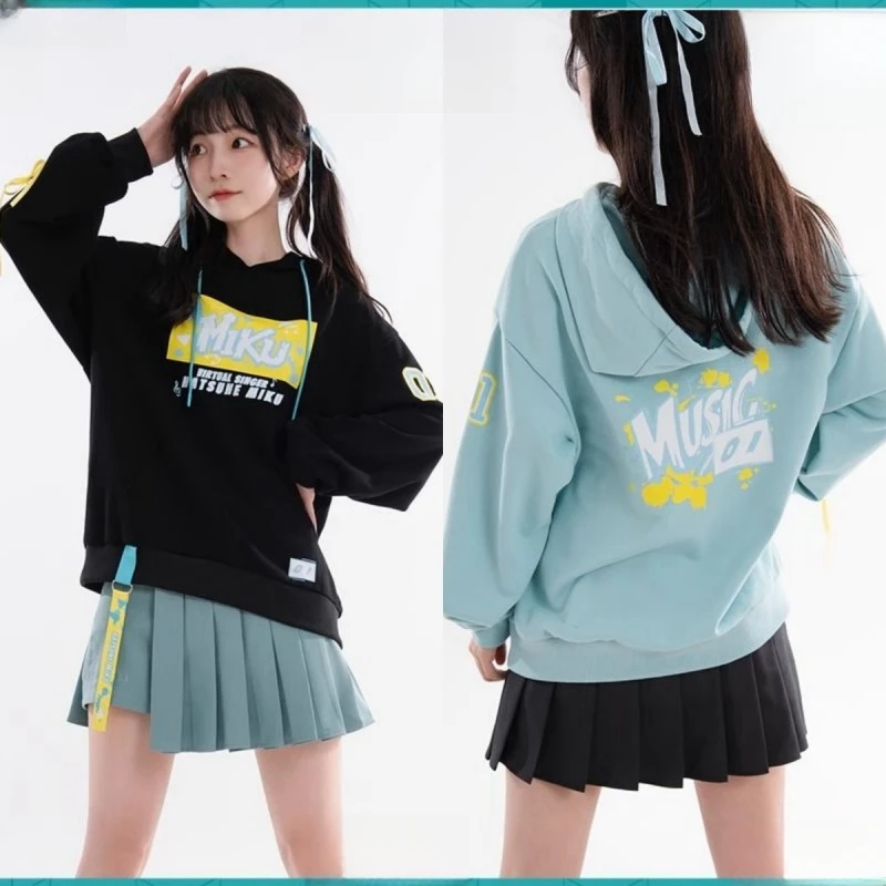 Anime Hatsune Miku Hoodie Cartoon Cute Women's Fashionable Pullover Tops and Skirts Set Kawaii Comfortable Casual Sweatshirt