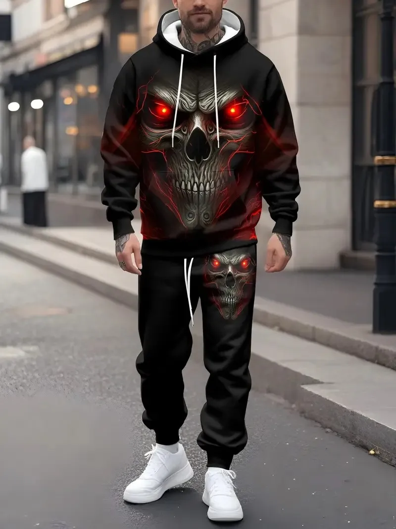 The new men's set for Spring and Autumn 2025 features a casual fashionable and comfortable 3D skull pattern print