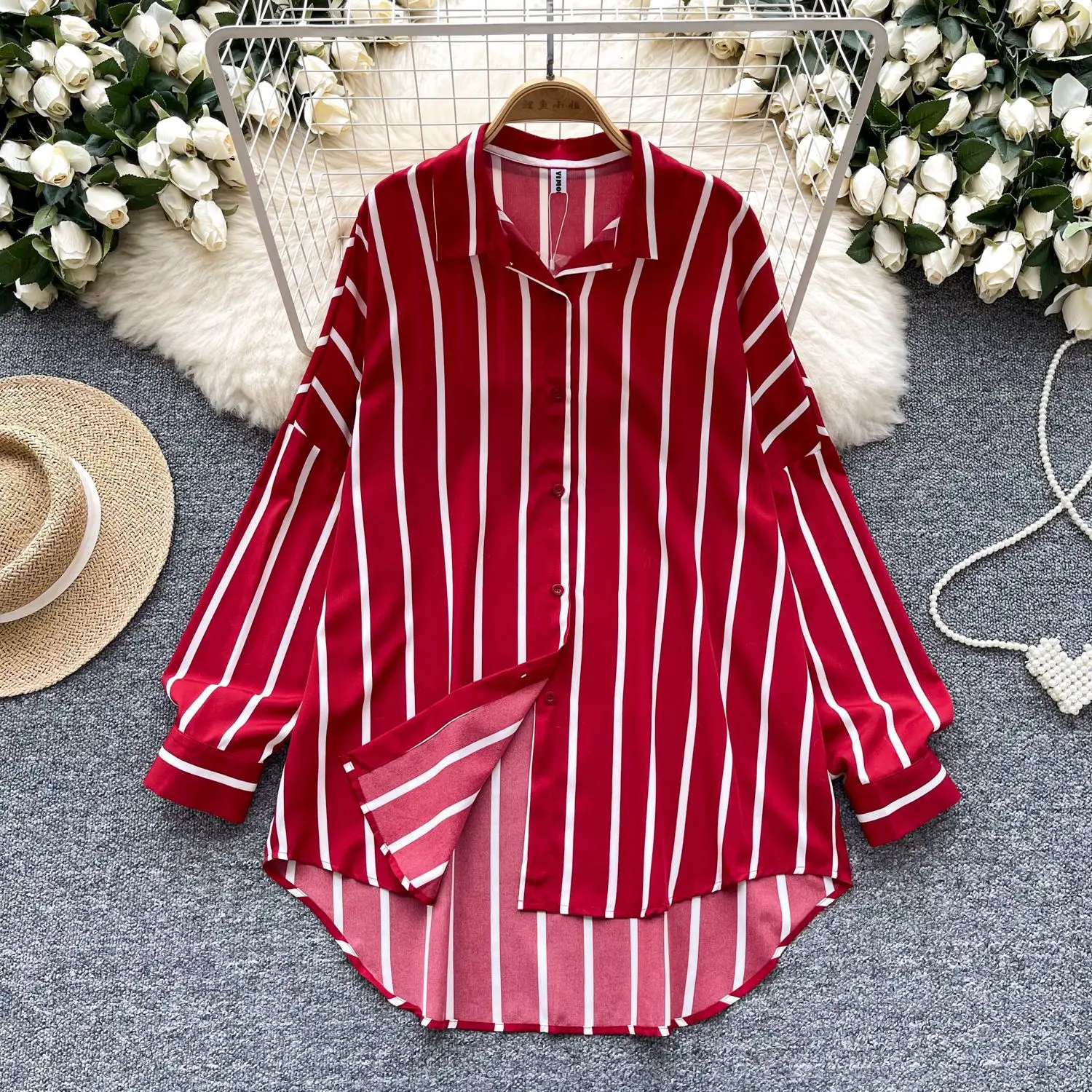 

Blouses Women Mid Length Shirt Turn Down Collar Full Sleeve Tops Striped Y2k Streetwear Elegant Splice Work Shirts 2025 Autumn