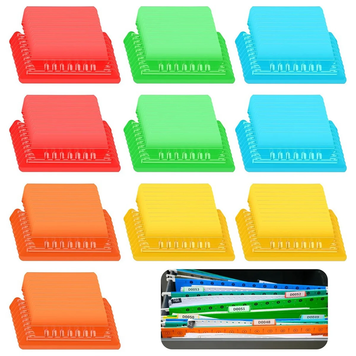 100 Pieces File Folder Tabs 3.15 Inch Hanging File Folder Tabs and Inserts Plastic Hanging File Tabs, Multicolor