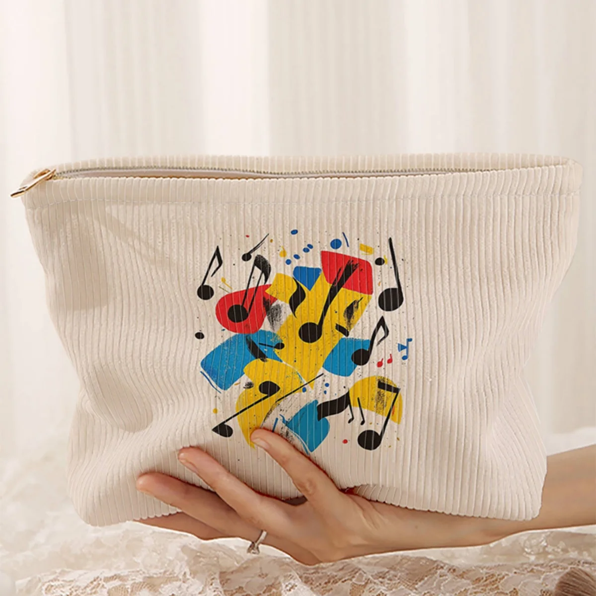 Bolsa de maquillaje de pana con diseño de notas musicales, caja de almacenamiento ligera con cremallera, bolsa multifuncional con forro, utilizada para guardar cosméticos