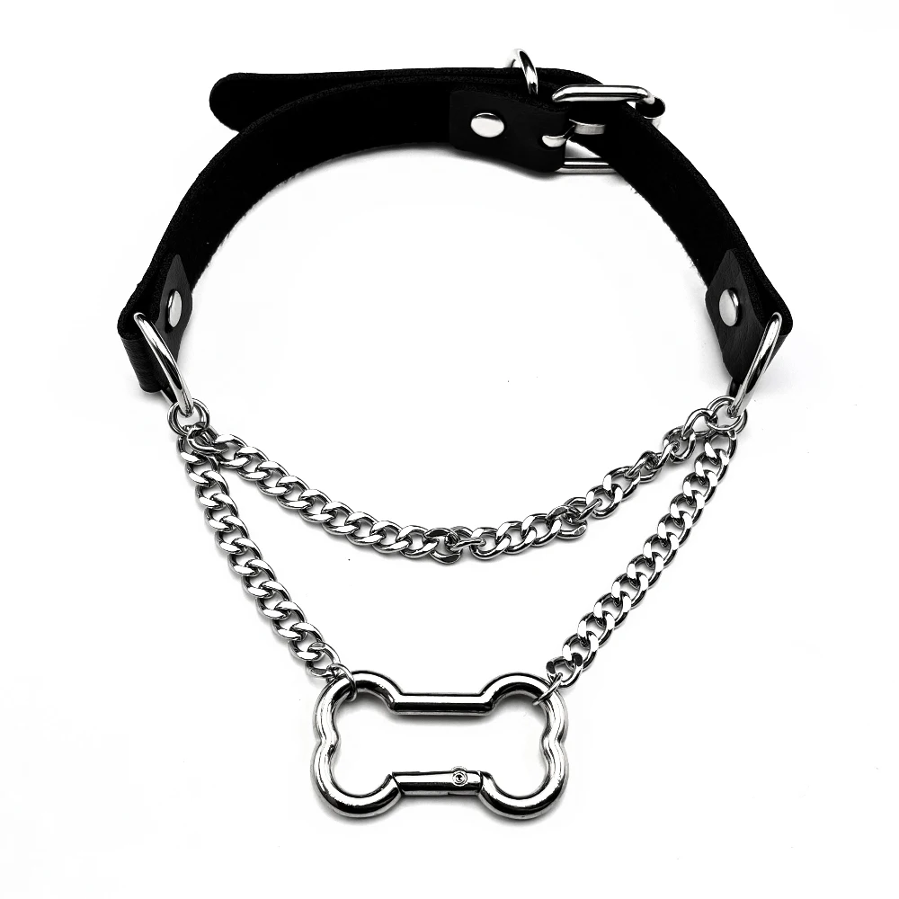 Gothic Bone Carabiner PU Leather Choker Double Silver Color Curb Chain Adjustable Rivet Neck Collar Punk Egirl Street Jewelry