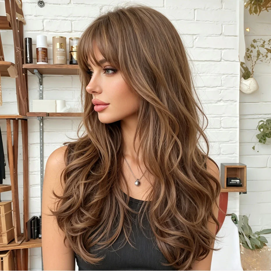 28-inch 70cm Mixed Color Wavy Bangs Curly Synthetic Hair with Hair Net Wig, Stylish for Women Suitable for Daily Life and Dates