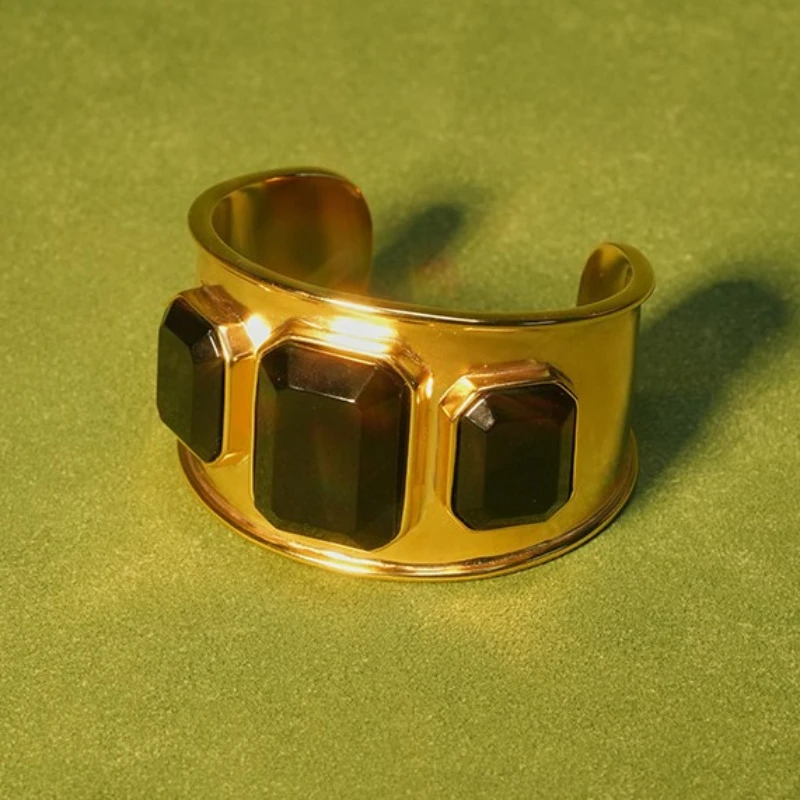 

Vintage Brass Gold Plated Black Agate Necklace Ring Bracelet Luxury Jewelry Set Woman Europe America Jewelry