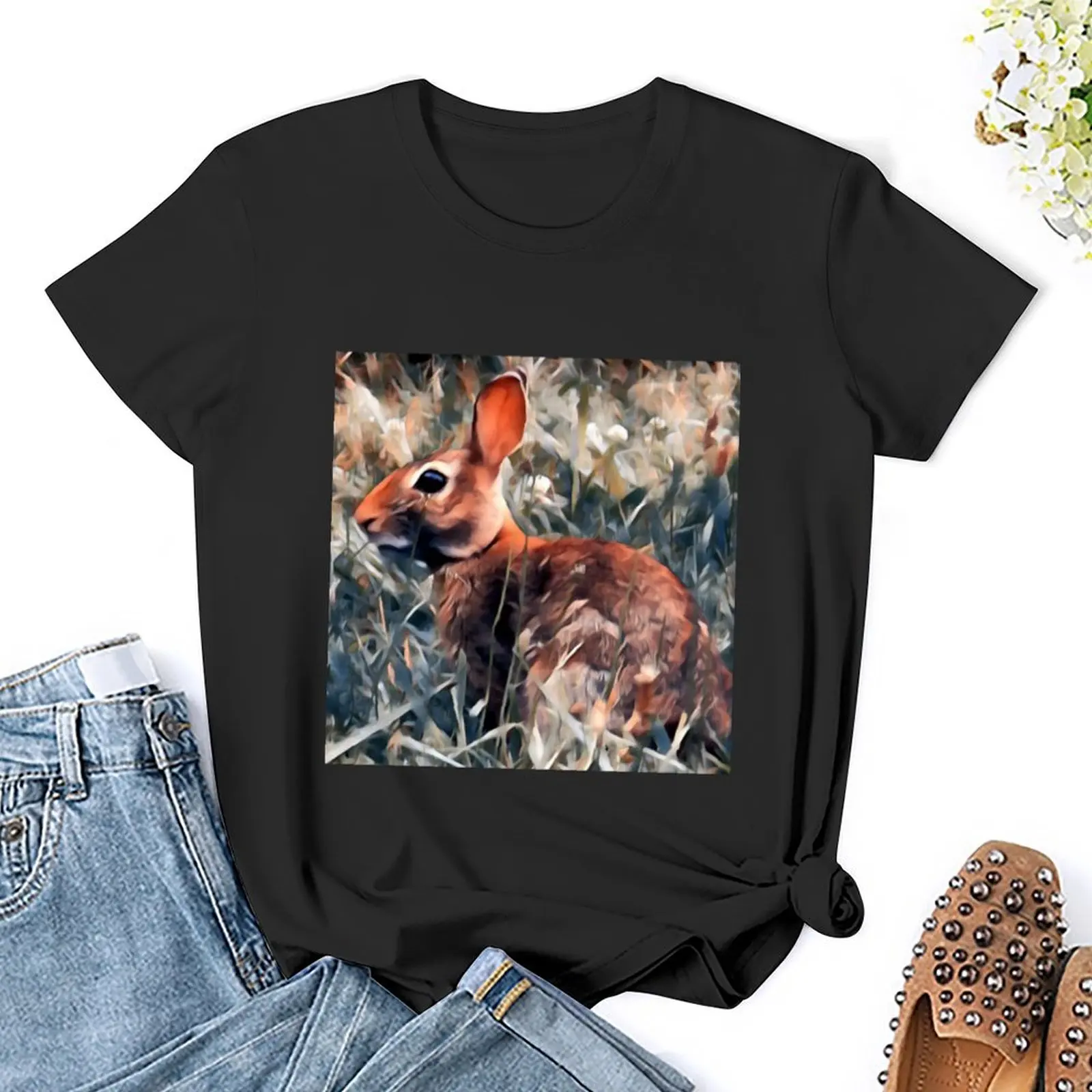 Woodland bunny rabbit T-Shirt Female clothing Short sleeve tee t shirts for Women loose fit