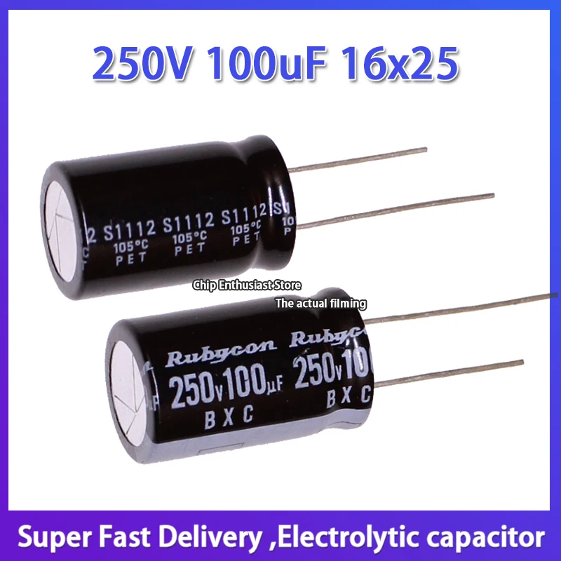 

5PCS Rubycon imported aluminum electrolytic capacitor 250V 100uF 16x25 ruby bxc high frequency and long life 16*25MM