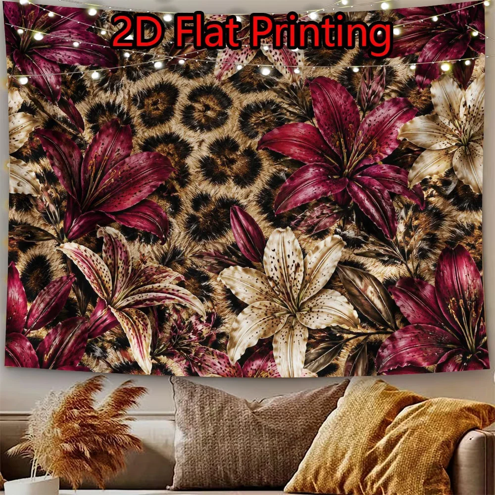 Floral Leopard Tapestry, Wild Leopard Texture Burgundy Lily Blossom Bohemian Flower Pattern Wall Tapestry for Indoor Home Decor
