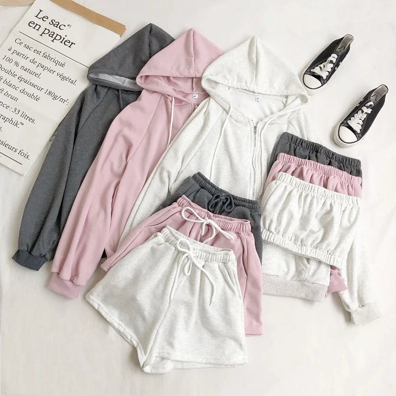 

Autumn Winter Loose Fit Long Sve Hoodie Jaet ort Crop Top Vest Wide Leg Pants Tee Piece Set Versatile Faion Outfit