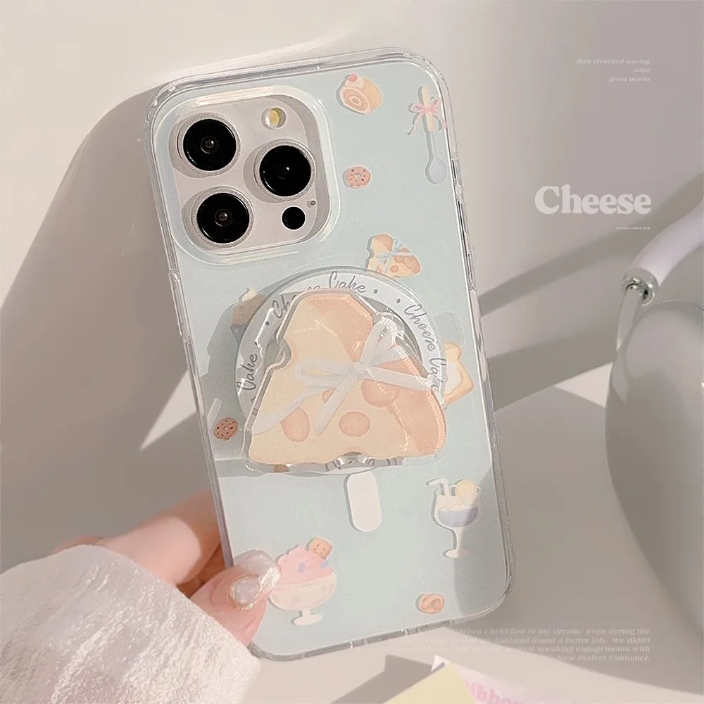 Funda de teléfono magnética con soporte de queso y pan bonito coreano para iPhone 16 15 14 13 12 Pro Max cubierta protectora a prueba de golpes de doble capa