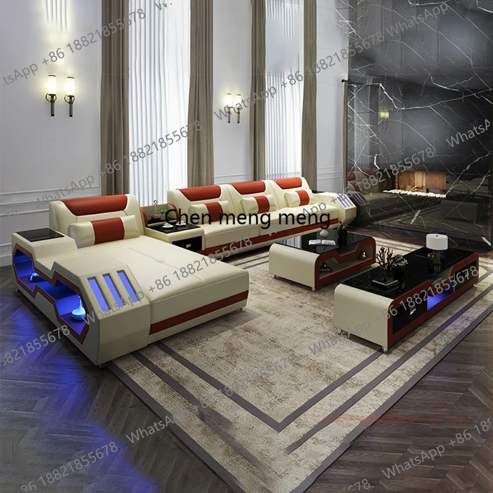 Modern LED Lighted Sofa Set with Recliner, Adjustable Headrest & Console | Luxury Leather Sectional Couch | Futuristic Furniture