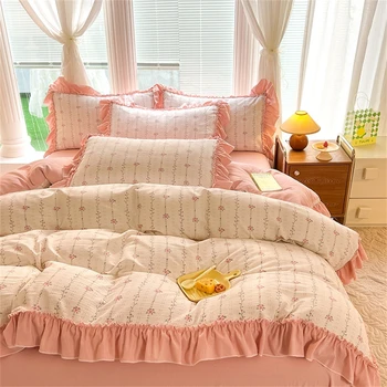 Floral printed bedding set bed sheet cute princess AB double side ruffle floral duvet cover pillowcase home textile