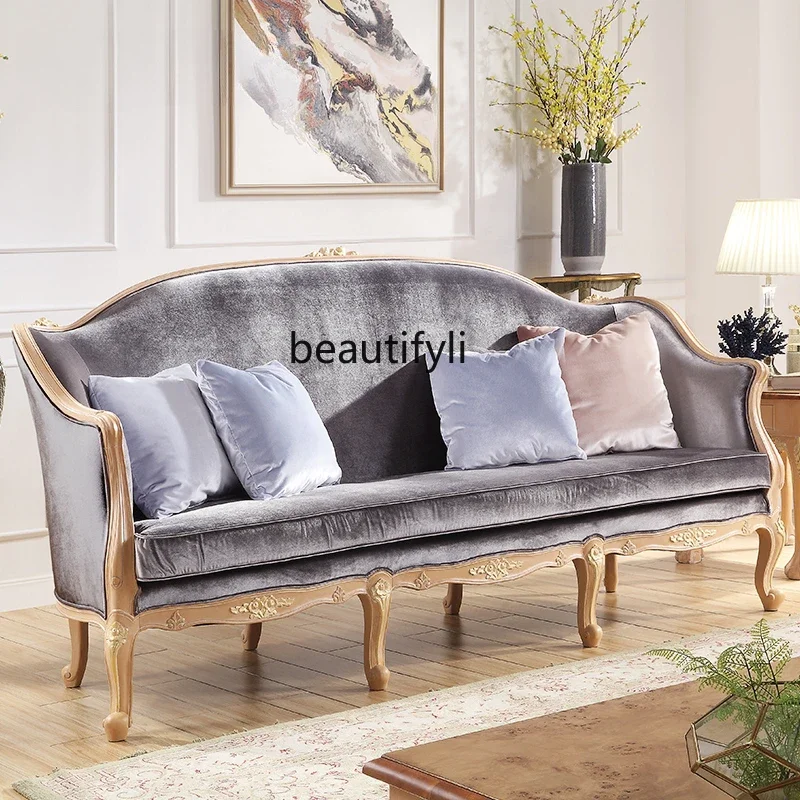 

ss7304 Retro French Fabric Sofa Combination Light Gray Purple Flannel Distressed Solid Wood High-End Furniture