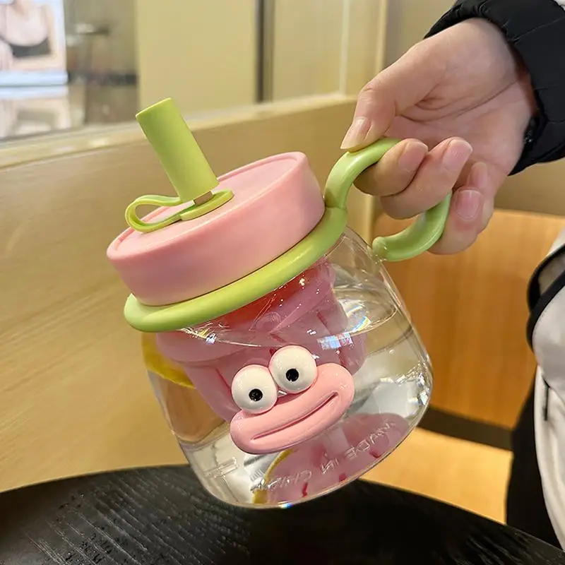 Aesthetic Water Bottle Cartoon Girl Water Bottle With Silicone Straw Handle 1000ml Leak-Proof Lid Tea Strainer Bottle Modern