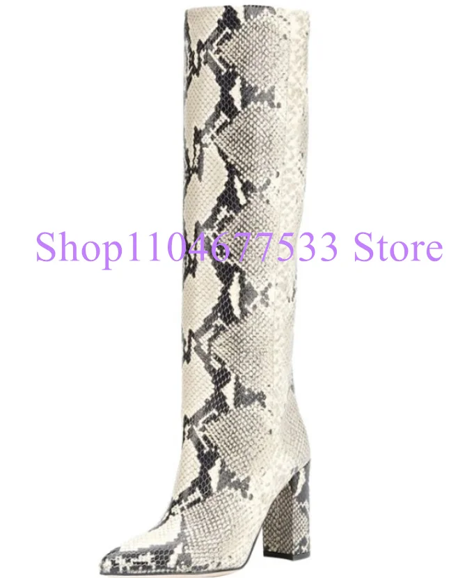 

Snakeskin Leather Chunky Heel Long Boots Woman Fashion Thick Heel Pointed Toe Lady Knee High Boots Sexy Large Size Banquet Shoes