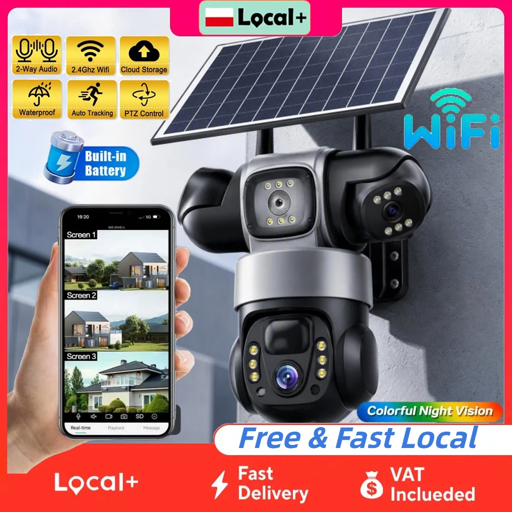 Telecamera solare WiFi V380 Pro per esterni, PTZ, 3 obiettivi, impermeabile, zoom 10X, visione notturna, rilevamento umano PIR, telecamera di sicurezza alimentata a energia solare, sicurezza