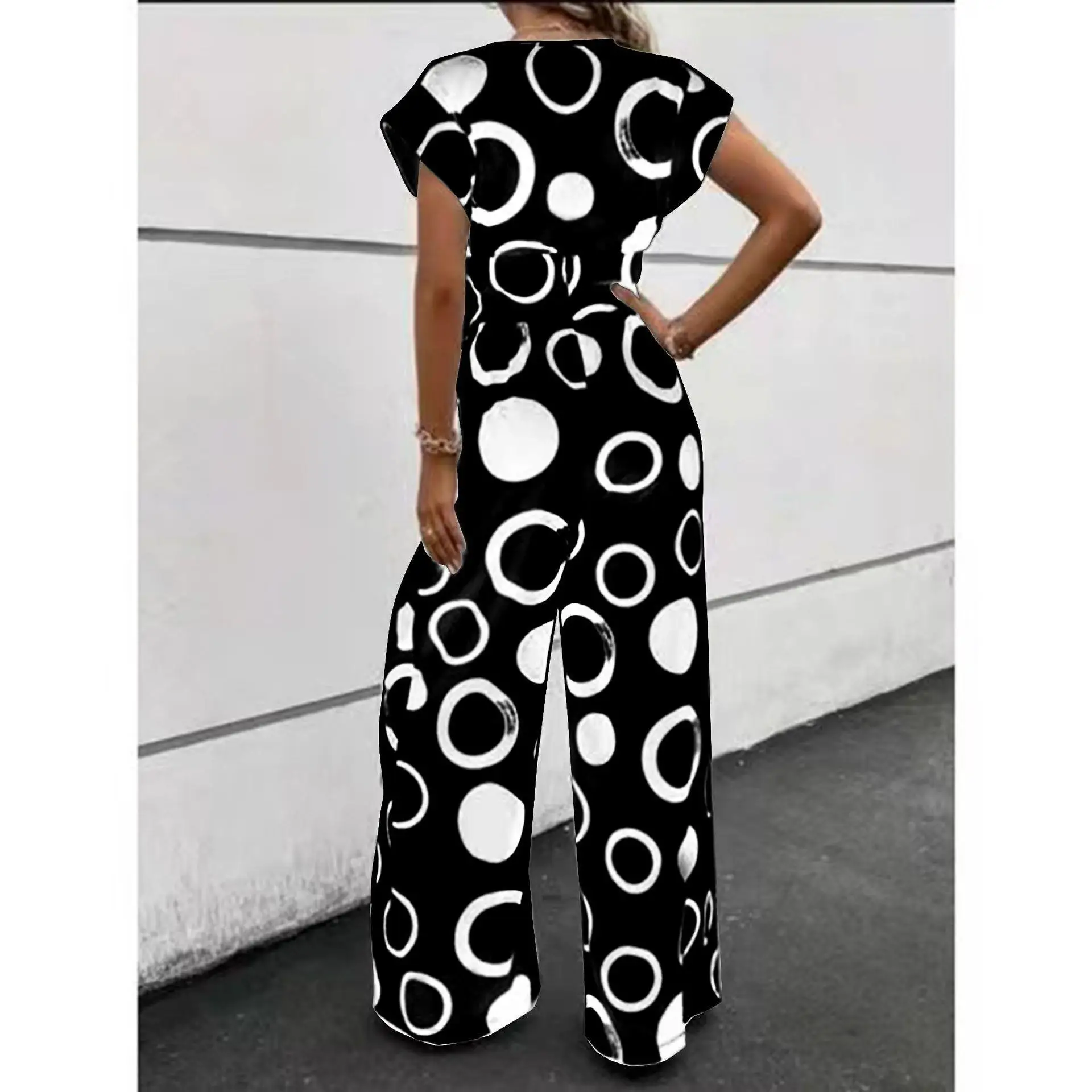

Faionable Ele Casual V-Ne High Waist Printed Wide Leg Belted One-Piece 2024 New Cross-Border Product Women's Rer