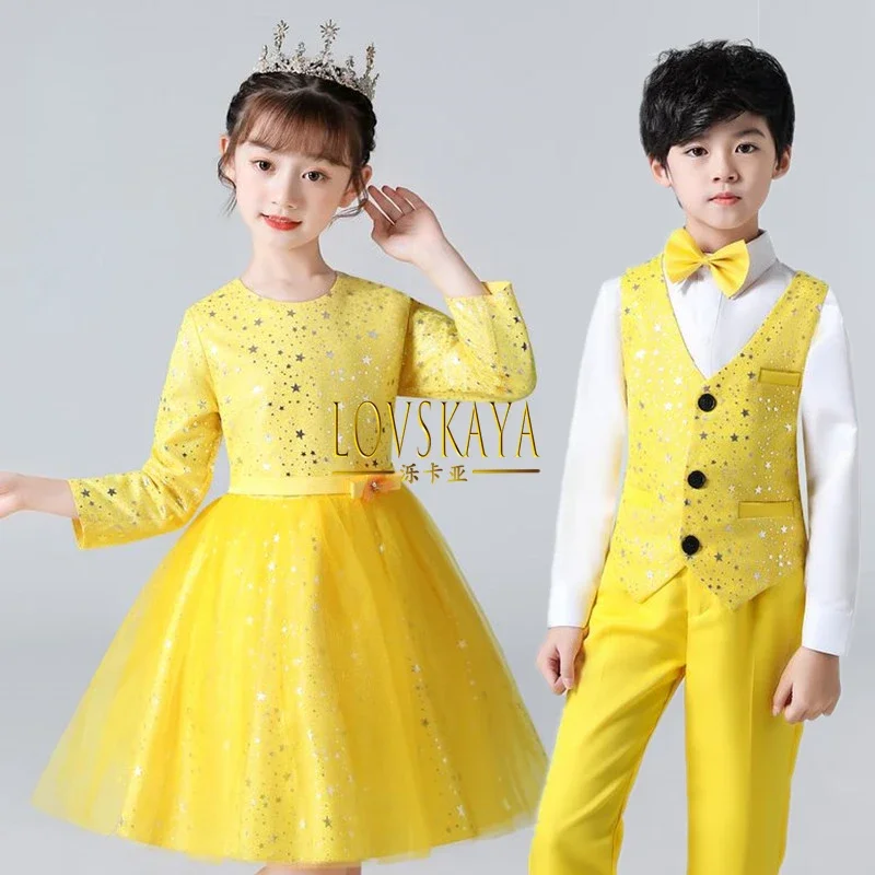 Long sleeved princess gauze skirt for kindergarten girls Choral performance costumes for primary school students in dance