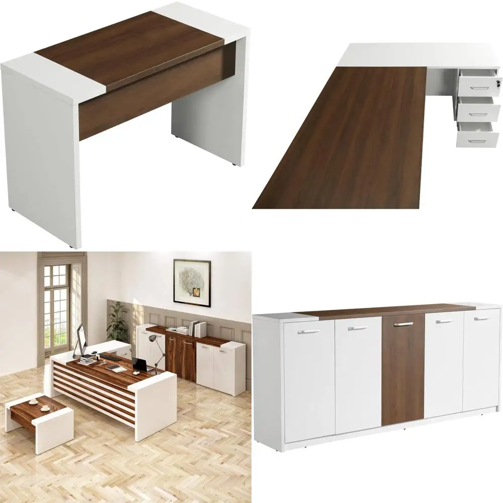 

87-дюймовый деревянный офисный мебельный гарнитур: L-образный стол с ящиками, журнальный столик и шкаф для хранения с хромированными ручками
