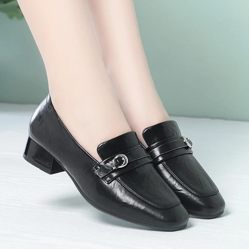 

Womens Brown Leather Loafers With Metal Buckle Decor Square Toe Low Block Heel Slip On Casual Shoes For Office Work And Daily