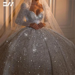 Sparkle Sequins Bride Dresses With Princess Long Puff Sleeve Sweetheart Wedding Dresses For Women 2024 Luxury Bridal Gown