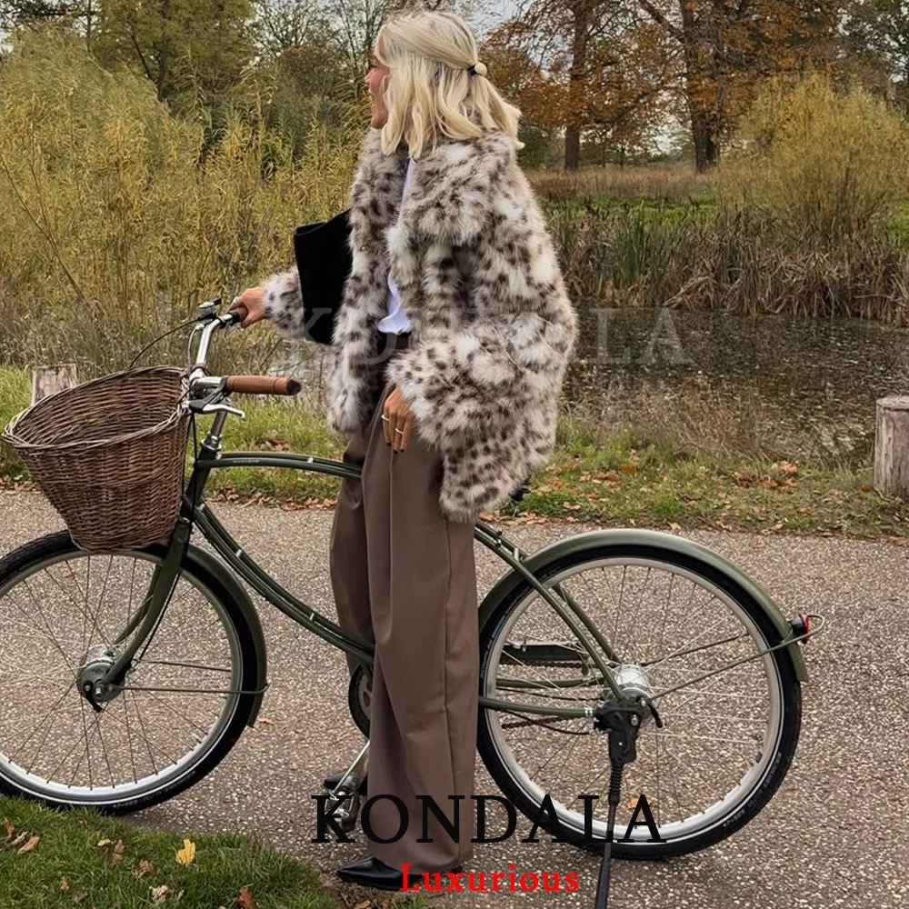 

KONDALA Casual Leopard Fur Coats Women Long Sleeve Pockets Turn Down Collar Jacket Fashion 2025 Autumn Winter Thick Warm Coat