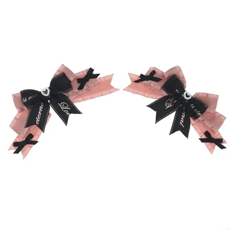 

L5YC Punk Headdress Bowknot Hair Clip Pair Barrettes Pink+Black Ribbons