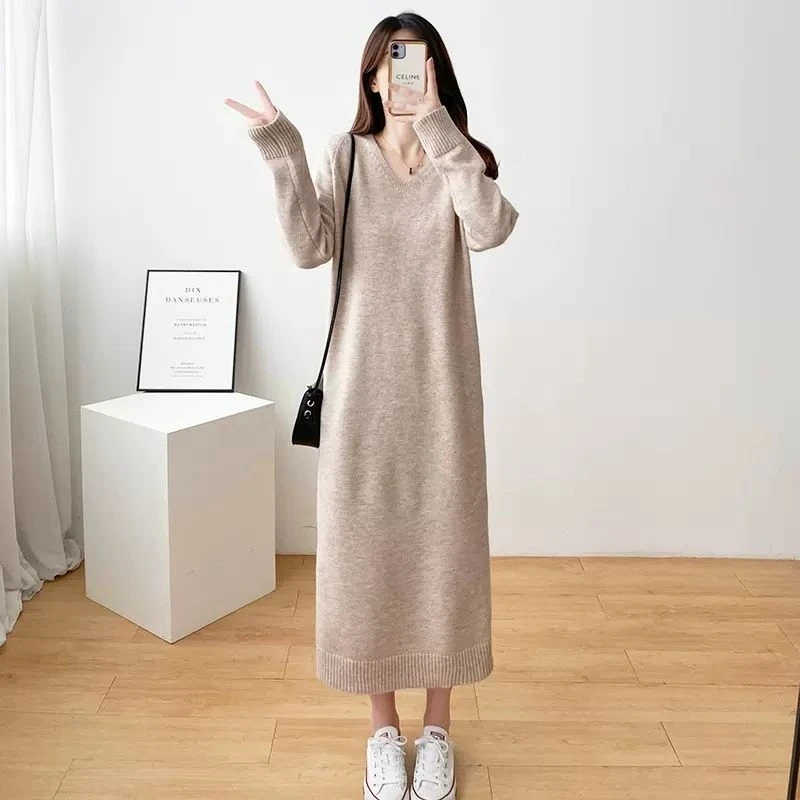 Senhoras de malha com decote em v solto ajuste camada base saia outono inverno casual em linha reta estilo coreano para mulheres escritório data outfit presente