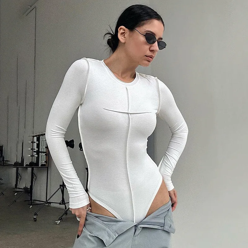 

2023 Basic Split Reverse Line Design Slim Fit Bottom Round Neck Long Sleeve jumpsuit Top