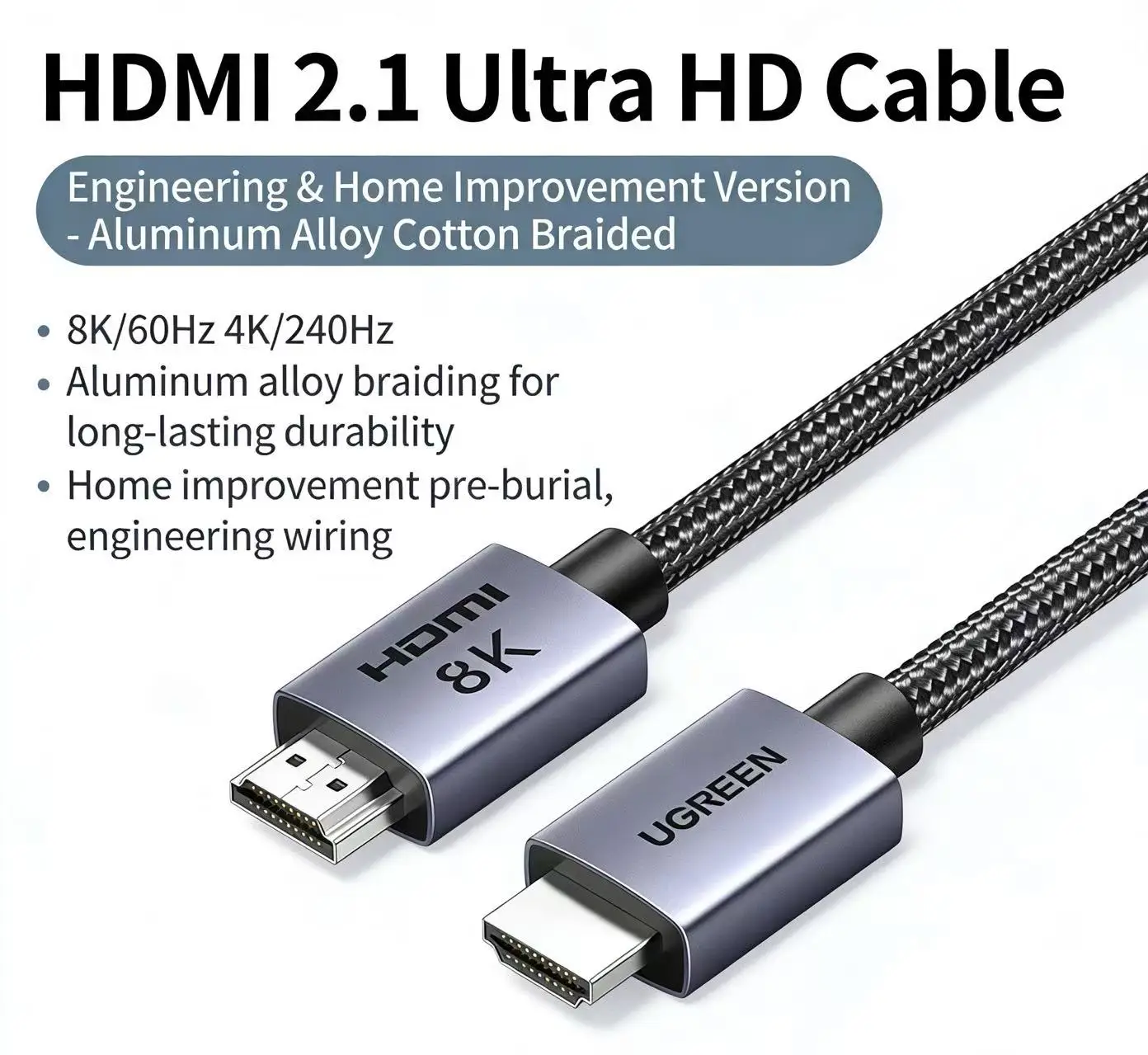 UGREEN 8K60Hz HDMI 2.1 Cable Ultra High Speed HDMI Cord Aluminum Compatible with PS5/Blu-ray/Roku TV/Switch
