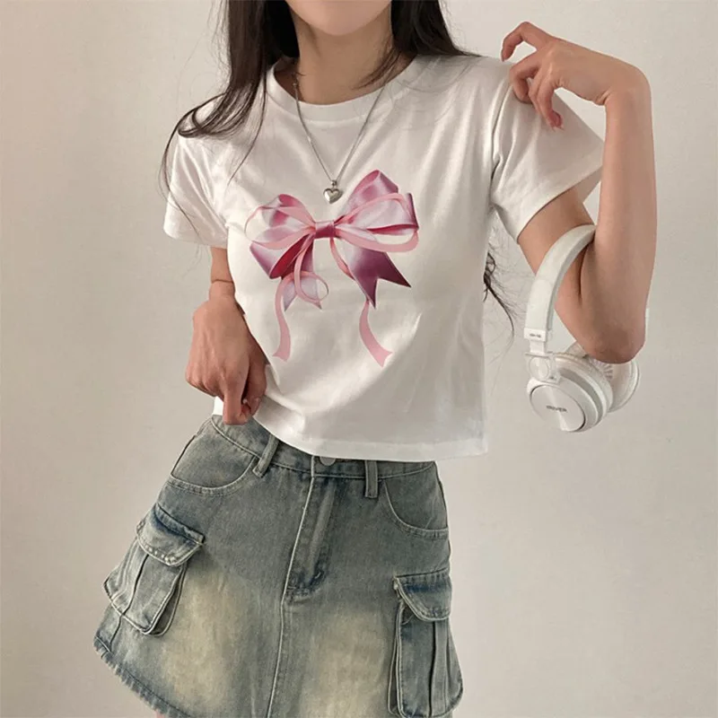 Y2k Clothes Cute Bow Print Fairy Graphic Crop Top Aesthetic Short Sleeve Goth Harajuk Kawaii T-shirt Summer Baby Tees Streetwear