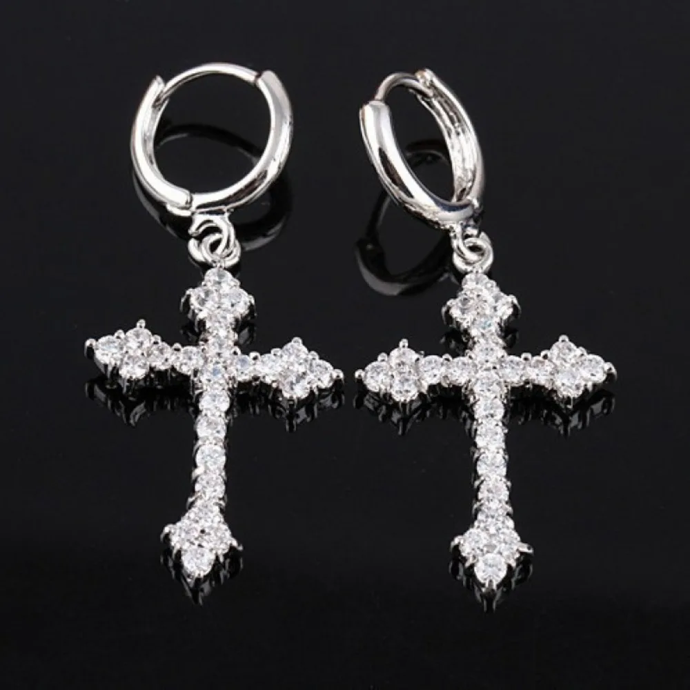 Women Trendy White Cross Earrings Metal Ear Ornaments Religious Statement Birthday Holiday Party Present Gift