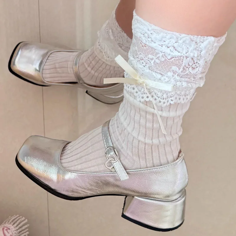 

Lolita Trim Lace Bow Women's Socks Y2K Ankle Socks Sweet Stackable Loose Fit Soft Breathable JK Fashion Casual Calf Stockings