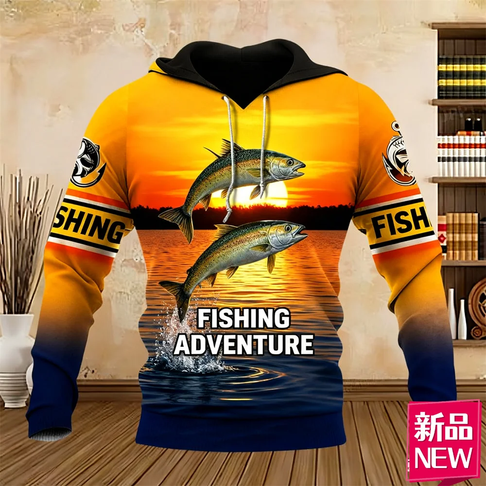 

3D Print Outdoor Fishing Hoodies For Men Vintage Casual Long Sleeve Hooded Sweatshirts Autumn Daily Hunting Fish Camping Clothes