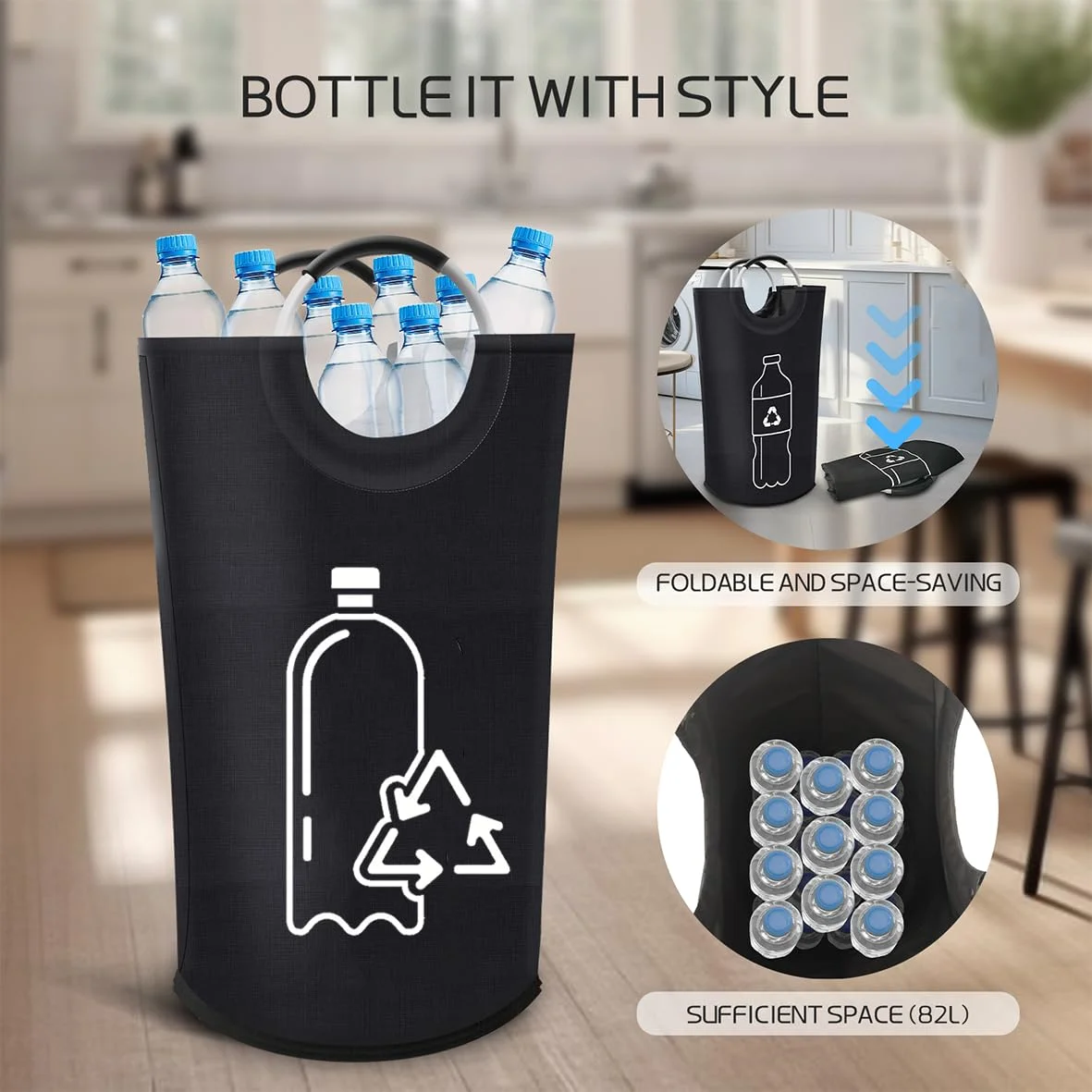 Panier de rangement pliable 82L grande capacité pour recyclage, sac à bouteilles vides avec poignée en aluminium pour cuisine et buanderie