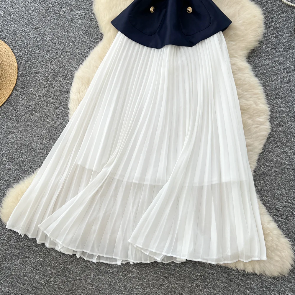 レディース プリーツワンピース Aライン ベルト付きワンピース アンクル丈 ノースリーブ Oネック バックジッパー スリムフィット カジュアル エレガント 2025 夏