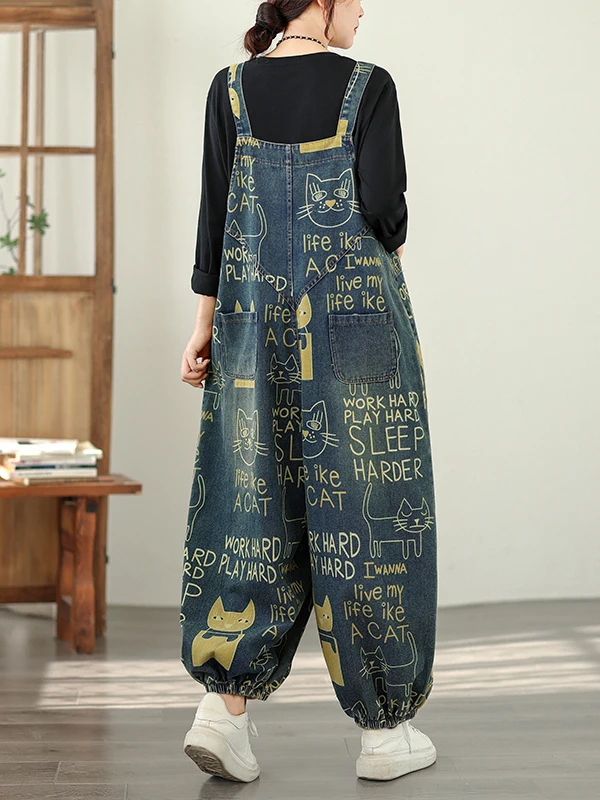 Mono vaquero para mujer Thiened Fce Casual Harajuku holgado estampado artístico pantalones de papá cintura alta mezcla de algodón y poliéster