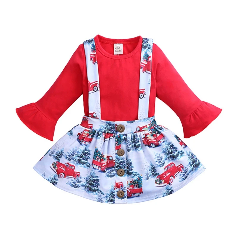 Christmas Toddler Baby Girls Outfit Long Sleeve T shirt+Christmas Tree Car Print Suspender Skirts Girl Christmas Costume