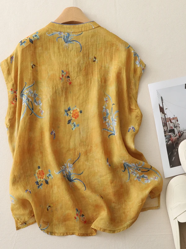 새로운 중국 스타일 여성 여름 슬림핏 레트로 프린트 엘레 탑 버튼업 전통 민족 의상