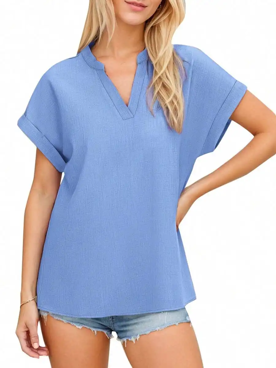

Womens Casual Plain V Neck Batwing Sleeve Woven Top Regular Length Sky Blue