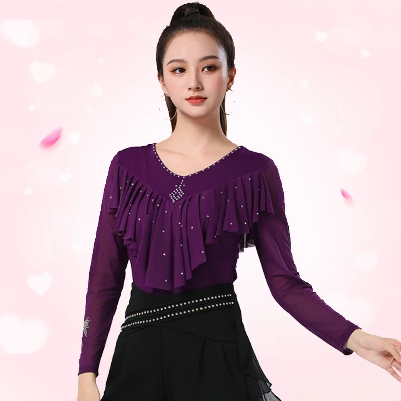 Ropa de baile latino para mujer, Top con volantes, Tops de salón estándar con diamantes de imitación de Samba, traje de baile de línea latina de alta calidad, nuevos productos