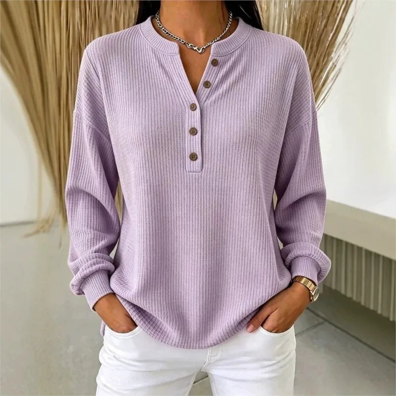 Women Basic Casual Wfle T-Shirts Pullover Spring Autumn Notch Neck Button Front Long Sleeve Knit Loose Blouse Solid Color Top