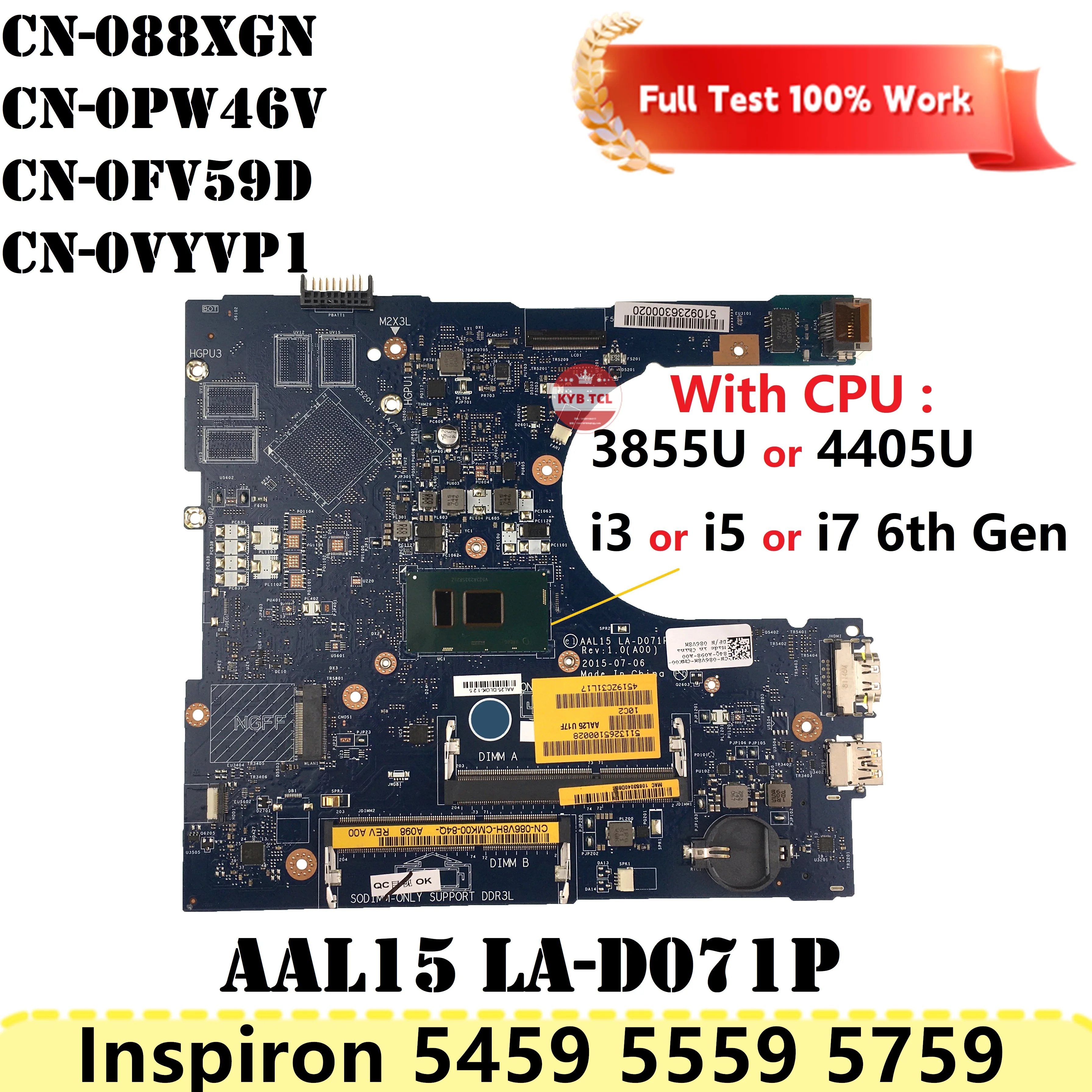 AAL15 LA-D071P Mainboard For Dell Inspiron 15 5459 5559 5759 Laptop Motherboard CN-0VYVP1 0VYVP1 088XGN 0PW46V 0FV59D Notebook