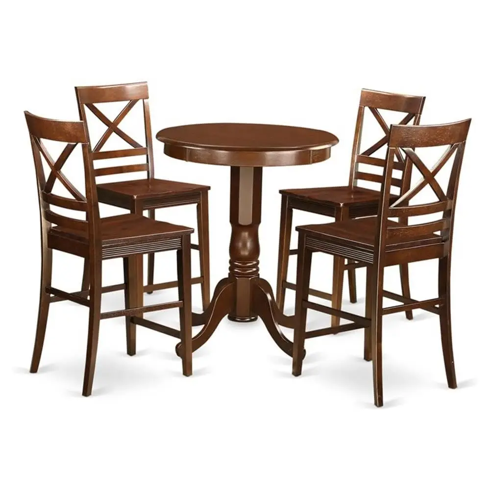 Round Counter Height Dining Table with Pedestal & 4 Chairs, 30x30 Inch Mahogany Finish, Customized