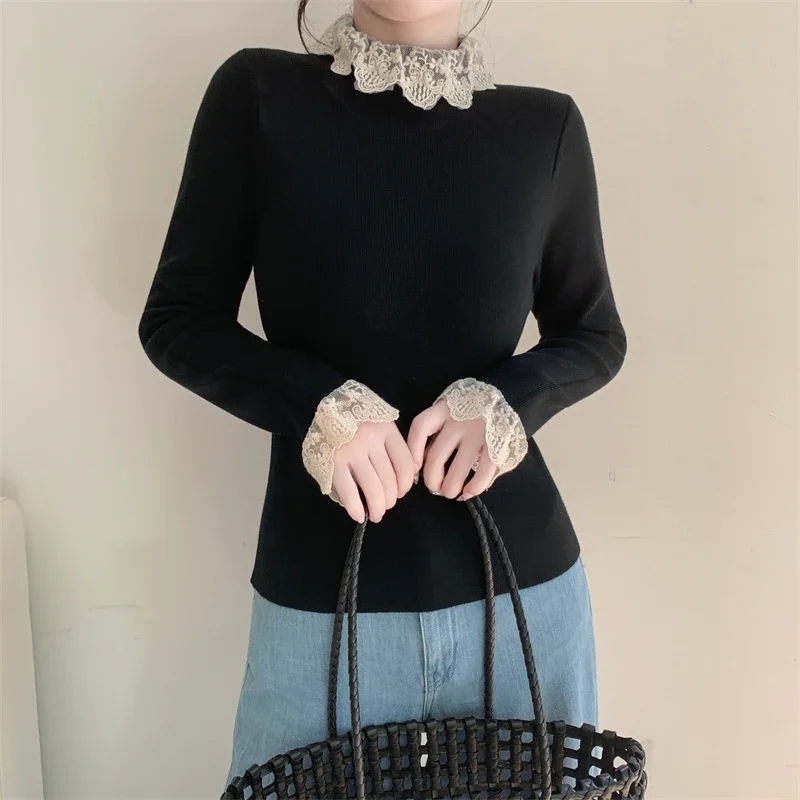 Turtleneck Knitwear Women Sweater Autumn Winter Lace Patchwork Pullover Long Sleeve Korean Casual Bottom Knitted Tops
