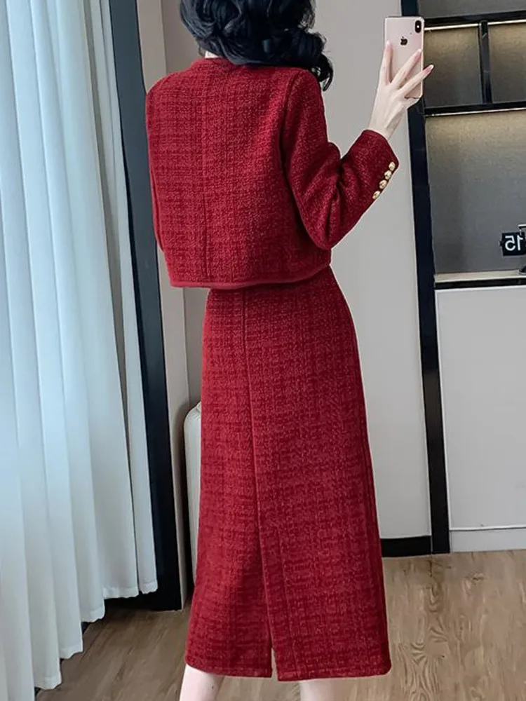 High Quality Christmas Small Fragrant Two Piece Set For Women Tweed Jacket Coat + Long Skirt Suits French Vintage 2 Piece Outfit