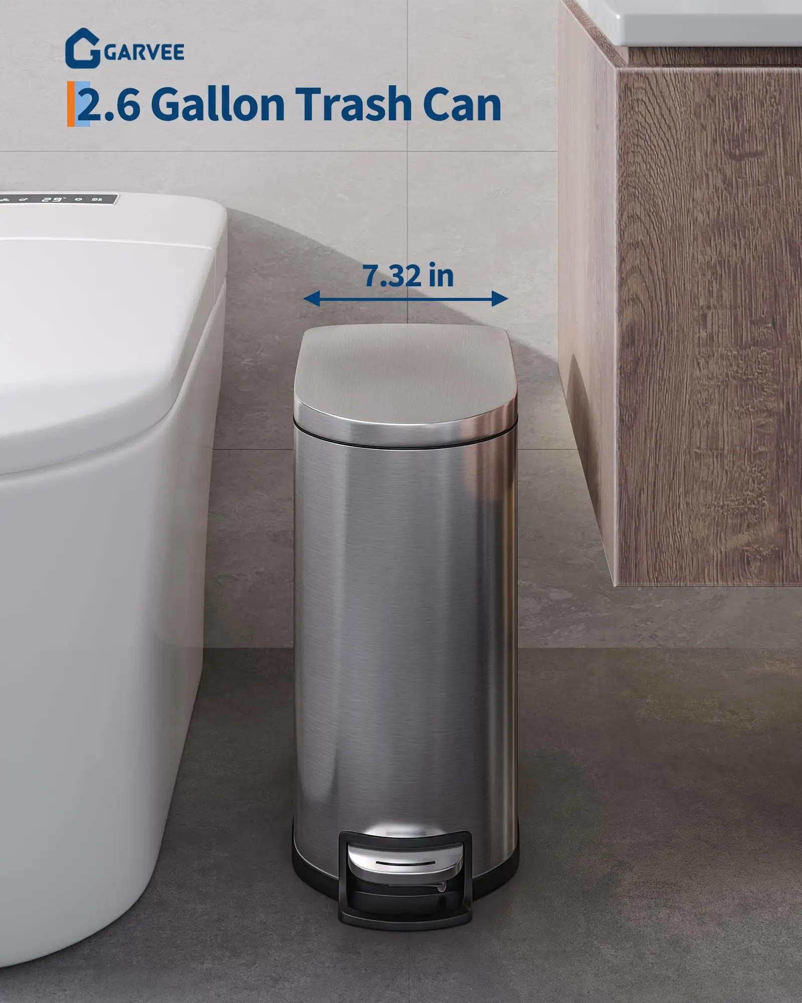 Slim Bathroom Trash Can 2.6 Gal 10 L With Soft Close Lid Stainless Steel Garbage Can With Inner Bucket Rear Handle Step On Metal Trash Bin For Narrow Spaces Bathroom Bedroom
