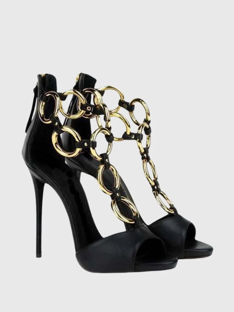 Women Black Leather Gold Chain Link Peep Toe Stiletto Heel Sandals, Open Back Zipper High Heels Luxury Designer Style Heels view 4